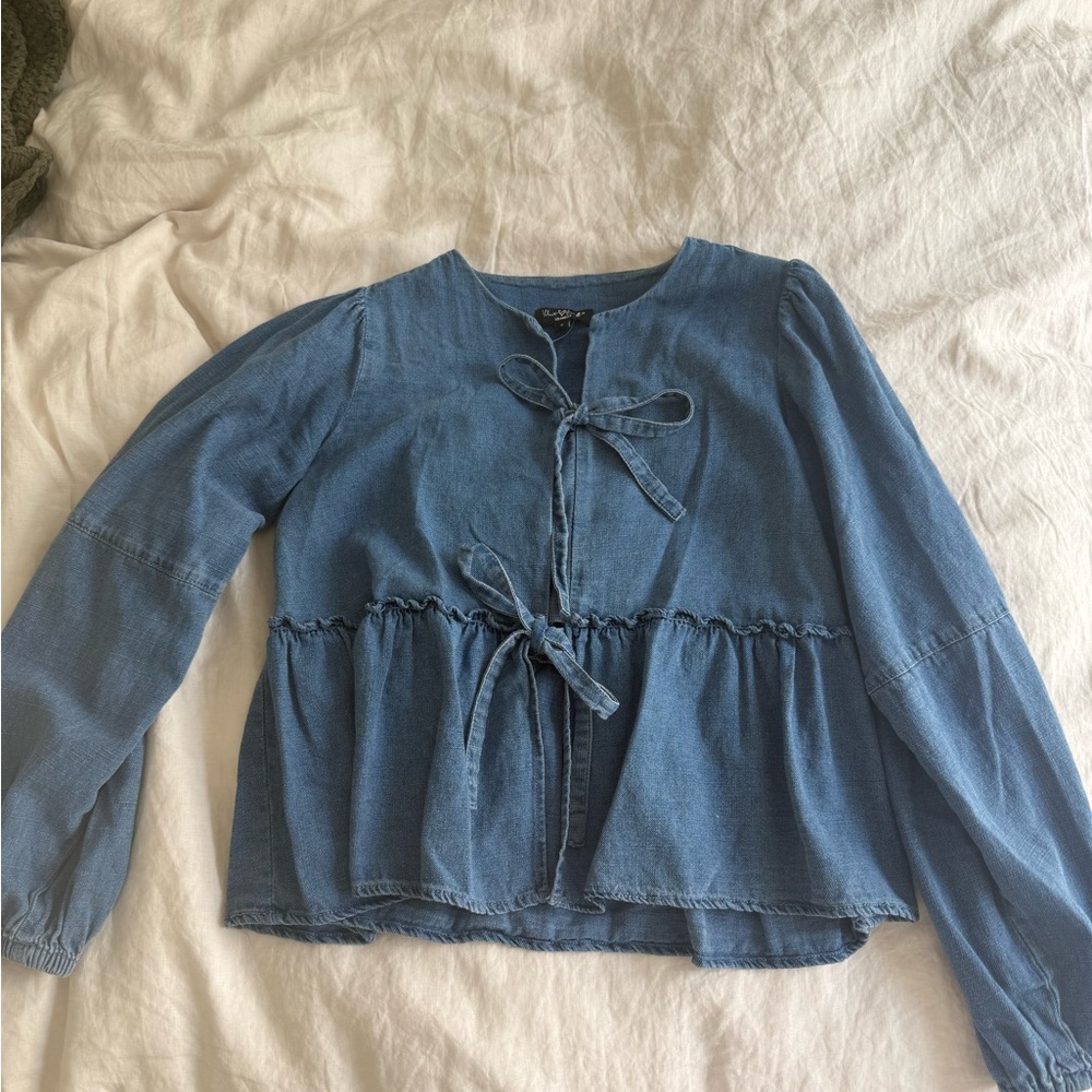 Blue Tie-Front Peplum Denim Blouse